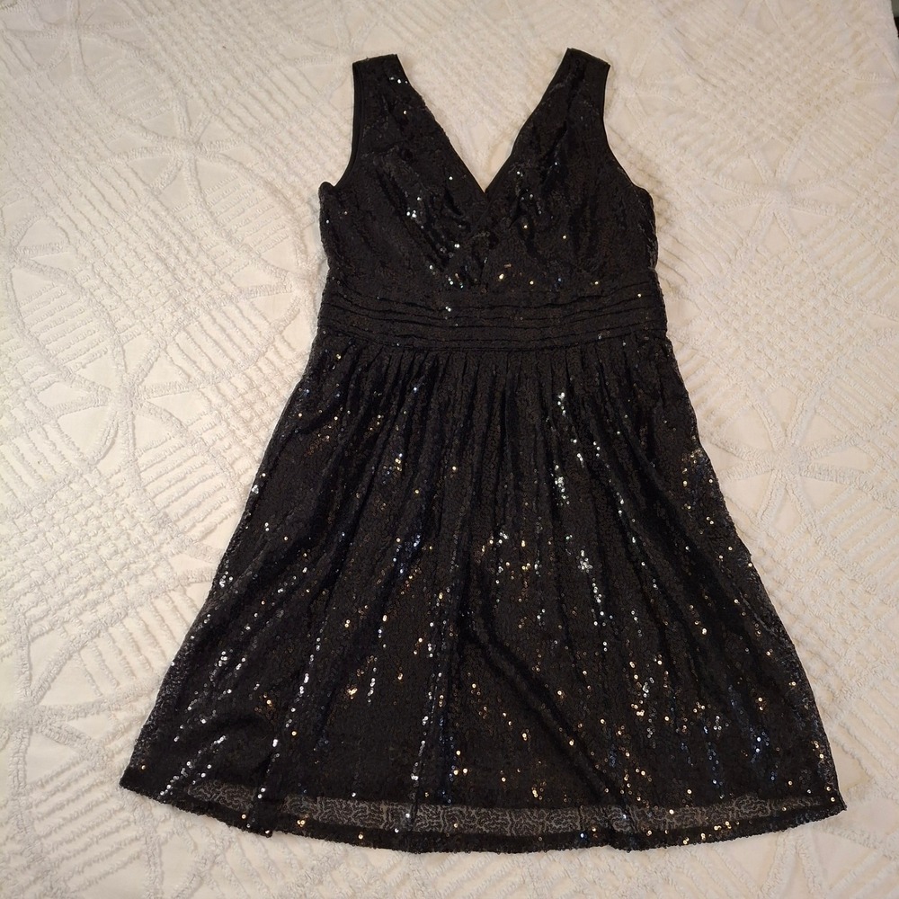 Kate Kasin Large Cocktail Dress Black‎ Sequin V-Neck Sleeveless A-Line NWT